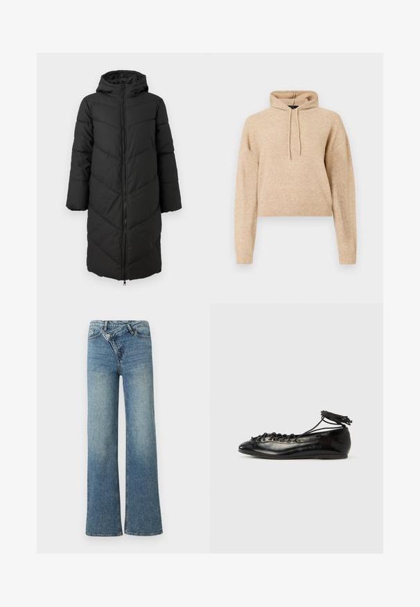 Zwarte lange pufferjas met een rits aan de voorkant, capuchon en een chevronpatroon. Heeft brede mouwen en een gladde, geïsoleerde textuur.; Beige cropped gebreid hoodie met lange mouwen en een capuchon met trekkoord, weergegeven op een witte achtergrond.; Lichtblauwe denim wijduitlopende jeans met een hoge taille, lichte vervaging en een knoopsluiting aan de voorkant. Voorzien van vijf zakken en minimale stiksels.; Zwarte ballerina's van lakleer met een afgeronde neus, veterdesign en een platte zool. Glad oppervlak met minimale details.