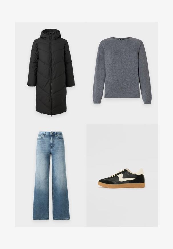 Schwarzer langer Daunenmantel mit Reißverschluss vorne, Kapuze und Chevron-Muster. Verfügt über weite Ärmel und eine glatte, isolierte Textur.; Pieces PCBREE O NECK - Strickpullover - dark grey melange; weit geschnittene Denim-Jeans in hellblauem Waschung, mit hoher Taille, fünf Taschen Design und subtilen Verfärbungen auf dem Stoff. Klassischer Metallknopfverschluss.; Schwarze Wildleder- und Leder-Sneaker mit einem cremefarbenen Seiten-Swoosh und einer hellcremefarbenen Ferse. Ausgestattet mit beige Schnürsenkeln und einer Gummilaufsohle.