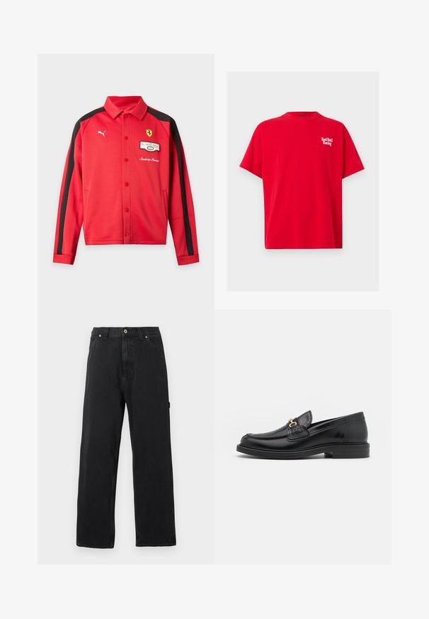 Veste rouge à manches longues Puma avec des bandes noires sur les manches, logo Ferrari sur la poitrine, boutons-pression et poches avant.; T-shirt rouge à manches courtes et col rond avec le logo blanc "Red Bull Racing" sur la poitrine gauche.; Jean noir droit avec poches avant, passants pour ceinture, fermeture par bouton et coutures apparentes sur un fond uni.; Mocassins en cuir noir avec un embout rond, présentant des accents en métal doré et des détails de couture, montés sur une semelle en caoutchouc texturé et basse.
