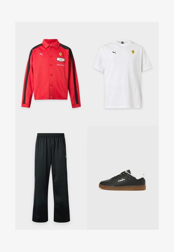 Veste rouge à manches longues Puma avec des bandes noires sur les manches, logo Ferrari sur la poitrine, boutons-pression et poches avant.; T-shirt blanc Puma à manches courtes avec un petit logo Puma noir sur la poitrine gauche et un écusson jaune Ferrari sur la poitrine droite.; Pantalon de sport noir avec une taille élastique, arborant un logo blanc sur le côté supérieur et un tissu lisse et léger.; Baskets en cuir noir avec languette blanche au talon, semelle en gomme, lacets noirs et logo argenté Diadora sur le côté et la semelle.