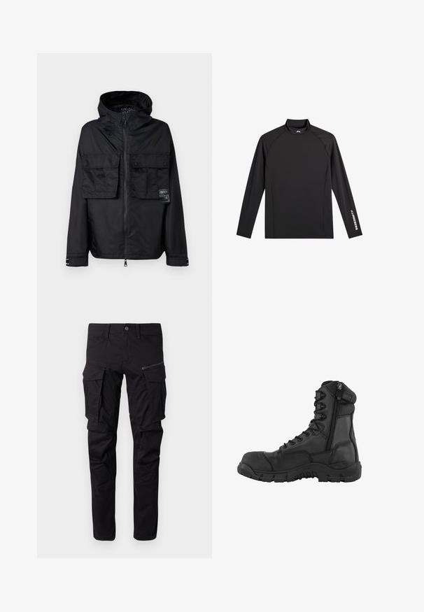 Zwarte zip-up jas met een capuchon, met twee voorzakken op de borst, een label op de linker zak en een gladde, glanzende textuur.; Zwart sporttopje met lange mouwen, opstaande kraag, slim fit en witte "J.Lindeberg"-logo op linkerarm en kraag.; Zwarte cargobroek gemaakt van duurzaam materiaal, met meerdere zijzakken, een ritszak, taps toelopende benen en versterkte stiksels.; Zwarte tactische laars met een hoge enkeldesign, leren bovenkant, voorbescherming met veters, zijrits, versterkte neus en robuuste rubberen zool.