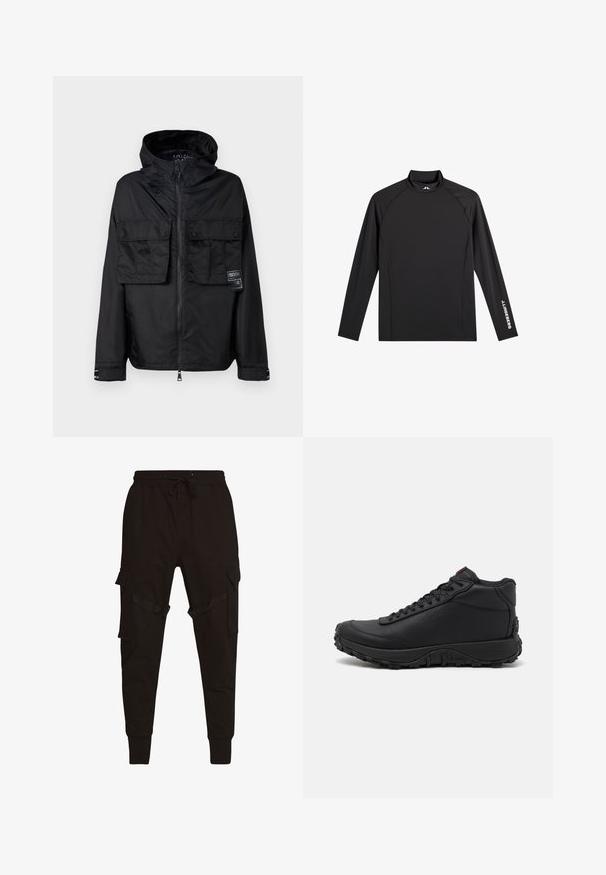 Zwarte zip-up jas met een capuchon, met twee voorzakken op de borst, een label op de linker zak en een gladde, glanzende textuur.; Zwart sporttopje met lange mouwen, opstaande kraag, slim fit en witte "J.Lindeberg"-logo op linkerarm en kraag.; Zwarte cargobroek met een trekkoord in de taille, zijzakken en textuuraccenten op de cargozakken en riemen. Strakke boorden bij de enkels.; Zwarte high-top sneakers van gestructureerd leer, voorzien van een dikke rubberen zool met grippatronen en een vetersluiting. Rode accenten op de tong.