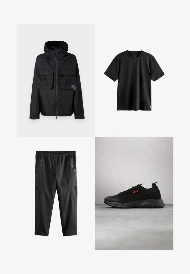 Sort zip-jakke med hætte, der har to frontlommer på brystet, et mærke på venstre lomme og en glat, blank overflade.; Sort T-shirt med korte ærmer lavet af letvægtsstof, med rund halsudskæring og et lille logo-accent nær kanten. Glat tekstur.; Sorte cropped bukser med elastisk talje, to lynlåslommer på siden og vinklet sideakcent. Lavet af letvægts, glat stof.; Sort lavtop atletiksneaker med tekstureret sål, mesh-stof og rød "HUGO" label på siden og hælen, placeret på grå overflade.