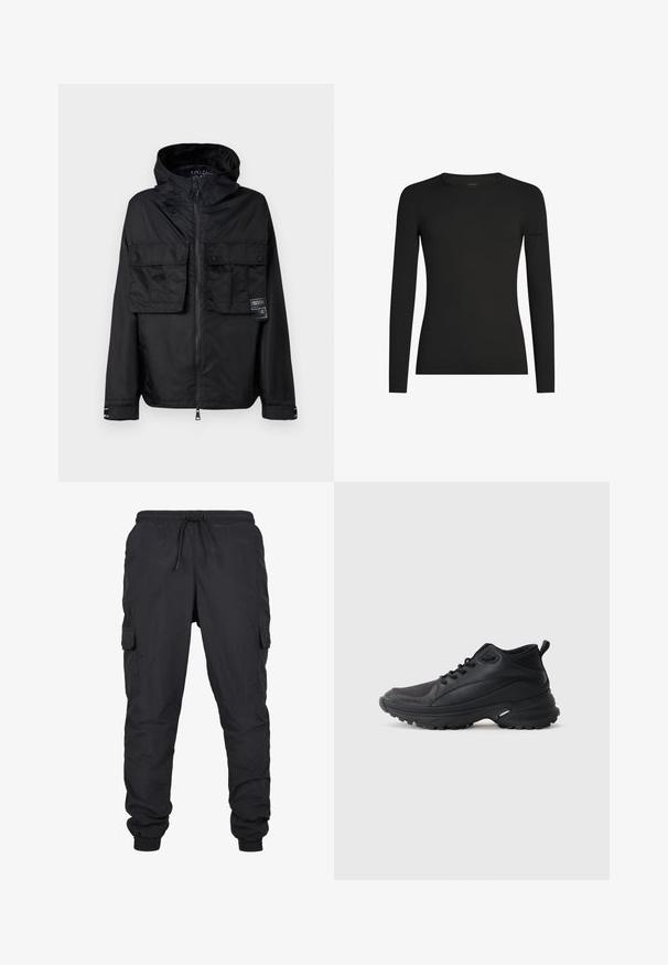 Zwarte zip-up jas met een capuchon, met twee voorzakken op de borst, een label op de linker zak en een gladde, glanzende textuur.; Zwart, aansluitend shirt met lange mouwen en ronde hals, met subtiel Icebreaker-logo op de linker mouw, weergegeven op een witte achtergrond.; Zwarte cargobroek met een elastische tailleband en trekkoord, voorzien van zijzakken en geribbelde uiteinden. Gemaakt van lichtgewicht, duurzaam materiaal.; Zwarte sportschoenen gemaakt van synthetisch materiaal. Voorzien van een gevoerde kraag, ronde neus, stevige buitenzool met grip en merkembleem.