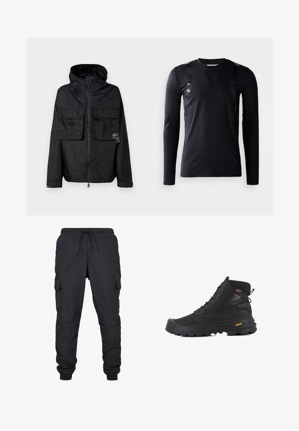 Veste zippée noire avec capuche, dotée de deux poches avant sur la poitrine, d'un label sur la poche gauche et d'une texture lisse et brillante.; T-shirt de sport à manches longues noir en tissu lisse et extensible. Présente des accents noirs brillants sur les épaules et un logo Adidas sur la poitrine.; Pantalons cargo noirs avec une taille élastique et un cordon de serrage, comprenant des poches latérales et des ourlets à manches. Fabriqués dans un tissu léger et durable.; Baskets montantes noires avec une surface texturée, dotées d'un design imperméable, d'un système de laçage et d'une semelle en caoutchouc proéminente avec la marque Vibram.