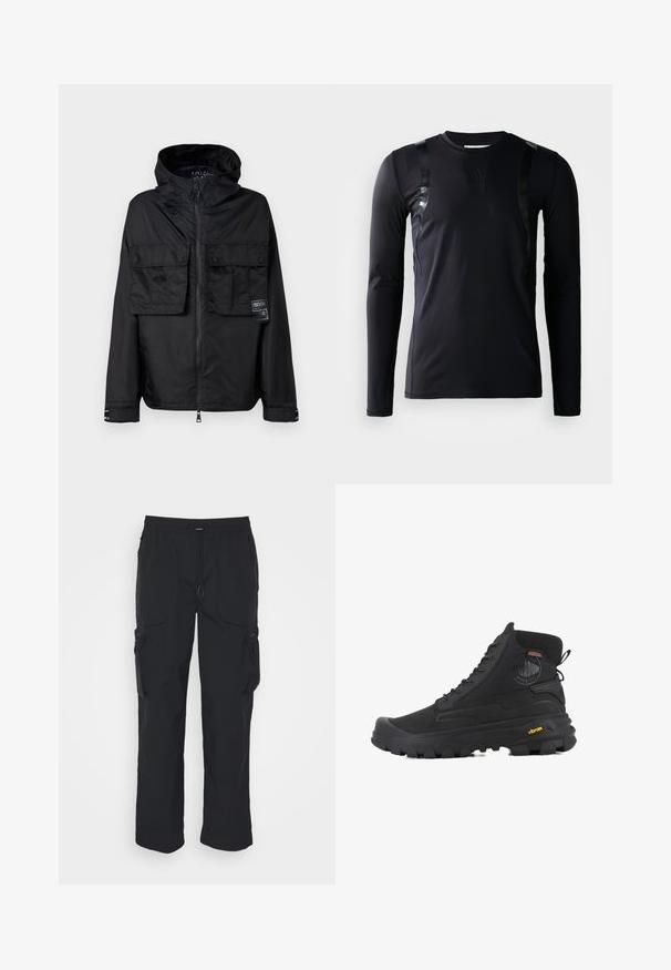 Veste zippée noire avec capuche, dotée de deux poches avant sur la poitrine, d'un label sur la poche gauche et d'une texture lisse et brillante.; T-shirt de sport à manches longues noir en tissu lisse et extensible. Présente des accents noirs brillants sur les épaules et un logo Adidas sur la poitrine.; Pantalons cargo noirs en tissu tissé. Dotés d'une taille réglable, de poches latérales et de deux poches utilitaires avec zips.; Baskets montantes noires avec une surface texturée, dotées d'un design imperméable, d'un système de laçage et d'une semelle en caoutchouc proéminente avec la marque Vibram.