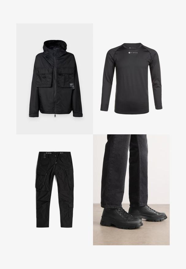Veste zippée noire avec capuche, dotée de deux poches avant sur la poitrine, d'un label sur la poche gauche et d'une texture lisse et brillante.; VIRTUS BONDER - T-shirt à manches longues - black; G-STAR TOOLBOX - Pantalon cargo - dk black; Baskets noires à lacets avec une semelle épaisse et texturée et un dessus lisse. Comprend des œillets en métal et un accent nervuré autour de l'orteil.