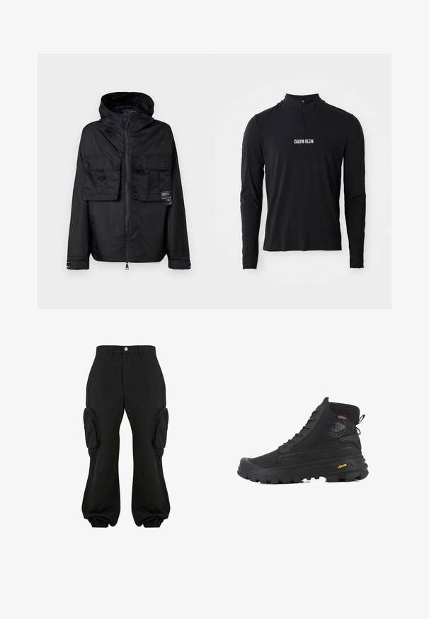 Sort zip-jakke med hætte, der har to frontlommer på brystet, et mærke på venstre lomme og en glat, blank overflade.; Sort langærmet top med høj krave, der har en kvartlynlås og hvid "CALVIN KLEIN" logo på forsiden. Glat, strækbart stof.; Sorte cargobukser med en afslappet pasform, der har to sidelommer, elastiske manchetter ved anklerne og en knaplukning i taljen.; Sorte høj-top støvler med en tekstureret overflade, der har et vandtæt design, snøresystem og en markant gummisål med Vibram-branding.