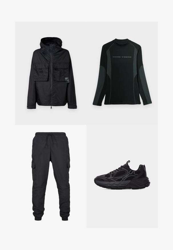 Veste zippée noire avec capuche, dotée de deux poches avant sur la poitrine, d'un label sur la poche gauche et d'une texture lisse et brillante.; Chemise noire à manches longues avec col haut, fabriquée en tissu texturé. Présente des panneaux latéraux gris et le logo "NIKE TECH" sur la poitrine.; Pantalons cargo noirs avec une taille élastique et un cordon de serrage, comprenant des poches latérales et des ourlets à manches. Fabriqués dans un tissu léger et durable.; Baskets de sport noires avec des détails en mesh et cuir, semelle épaisse, marquages "ICEBERG" et "1974", et languettes de traction sur la languette et le talon.