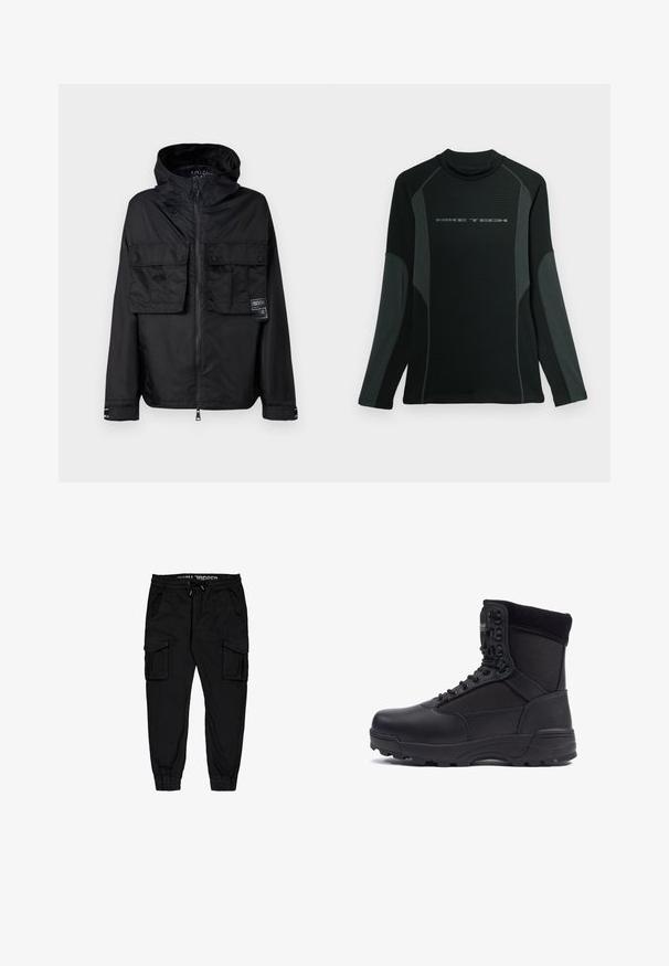 Zwarte zip-up jas met een capuchon, met twee voorzakken op de borst, een label op de linker zak en een gladde, glanzende textuur.; Zwarte shirt met lange mouwen en hoge kraag, gemaakt van textuurstof. Heeft grijze zijpanelen en het "NIKE TECH" logo op de borst.; Zwarte cargo-broeken van lichtgewicht stof, met een elastische tailleband, trekkoord en meerdere zijzakken met taps toelopende broekspijpen.; Zwarte tactical boot met een gladlederen bovenkant en stofpanelen, hoge enkelontwerp, vetersluiting aan de voorkant en robuuste rubberen zool.