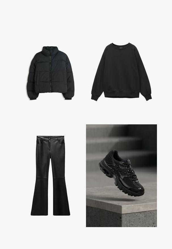 Schwarze Steppjacke mit hohem Kragen, gepolstertem Design, Reißverschluss vorne und zwei seitlichen Taschen. Verfügt über elastische Bündchen und ein leichtes Material.; Schwarzer Sweatshirt mit Rundhalsausschnitt, langen Raglanärmeln sowie gerippten Bündchen an Ärmeln und Saum, schlichtes Design, flach auf weißem Hintergrund liegend.; Schwarze, taillierte Schlaghose aus Kunstleder mit glatter Textur, hohem Taillenbund, Fronttaschen und Reißverschluss. Mit Nahtdetails an den Beinen.; Schwarzer Nike Laufschuh mit Mesh- und Synthetik-Obermaterial, der über einer Betonfläche und Treppen im Hintergrund schwebt.