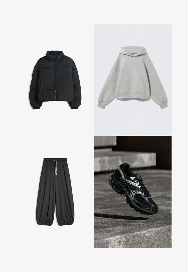 Zwarte pufferjas met hoge kraag, gewatteerd ontwerp, voorkant met ritssluiting en twee zijzakken. Voorzien van elastische manchetten en lichtgewicht materiaal.; Lichtgrijze oversized hoodie met een voorzak in kangaroestijl, geribde boorden en een gevouwen capuchon, afgebeeld tegen een effen achtergrond.; Losse donkergrijze broek met elastische tailleband, witte trekkoord en elastische boorden bij de enkels, afgebeeld op een witte achtergrond.; Zwart-zilveren Nike hardloopschoen zwevend boven betonnen trappen, met een gedetailleerd ontwerp en een getextureerde zool in een buitenomgeving.