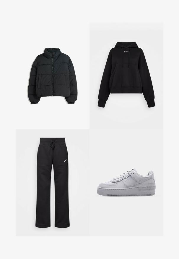 Schwarze Steppjacke mit hohem Kragen, gepolstertem Design, Reißverschluss vorne und zwei seitlichen Taschen. Verfügt über elastische Bündchen und ein leichtes Material.; Schwarze, kurze Kapuzenjacke aus weichem Stoff, mit einer Kordelzugkapuze, einer vorderen Kängurutasche und einem kleinen weißen Nike-Logo auf der Brust.; Schwarze Sweatpants aus einem Baumwollmix, mit einem Kordelzugbund, geraden Beinen und einem weißen Nike-Logo auf der linken Seite.; Graue Nike Air Force 1 Sneaker mit perforierter Zehenpartie, Obermaterial aus glattem Leder, dicker Sohle und geprägtem 'AIR'-Detail an der Ferse.