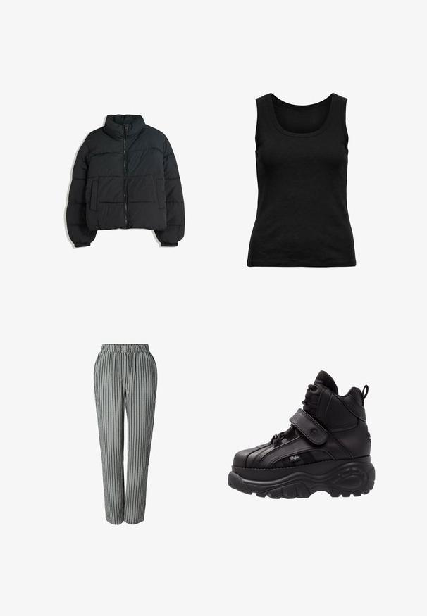 Schwarze Steppjacke mit hohem Kragen, gepolstertem Design, Reißverschluss vorne und zwei seitlichen Taschen. Verfügt über elastische Bündchen und ein leichtes Material.; Schwarzes, geripptes, ärmelloses Tanktop mit Rundhalsausschnitt, figurbetontem Schnitt und einfarbig, flach auf weißem Hintergrund dargestellt.; Schwarz-weiß vertikal gestreifte Hose mit elastischem Bund und Seitentaschen, gerade Beinform, geeignet für Freizeit oder Büro.; Schwarze High-Top-Sneaker mit einer dicken Gummisohle, Obermaterial aus Leder, Schnürung und Klettverschluss, sowie strukturierten Seitenpaneelen.