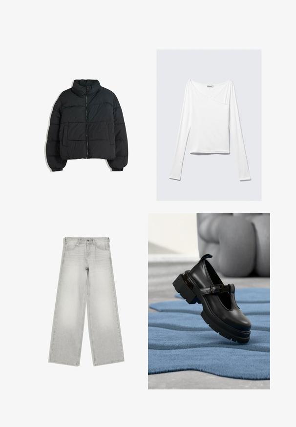 Schwarze Steppjacke mit hohem Kragen, gepolstertem Design, Reißverschluss vorne und zwei seitlichen Taschen. Verfügt über elastische Bündchen und ein leichtes Material.; Weißes Langarmoberteil mit einem Überlappungsdesign und einer Tasche. Hergestellt aus einem glatten, elastischen Material. In einem lässigen, entspannten Schnitt.; Hellgraue Jeans mit weitem Bein, Knopf- und Reißverschluss, Fronttaschen und Gürtelschlaufen, flach auf weißem Hintergrund gezeigt.; Schwarzer Mary-Jane-Schuh aus Leder mit klobiger Sohle und Schnallenriemen, schwebend über einem blau strukturierten Teppich auf grauem Boden präsentiert.