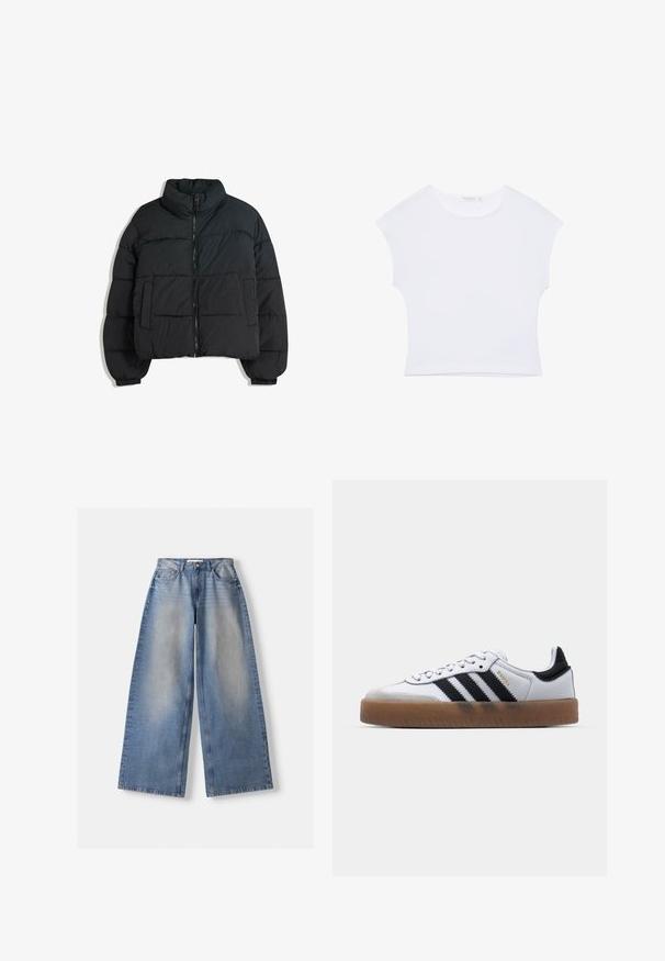 Sort pufferjakke med høj krave, polstret design, frontlynlås og to sidelommer. Har elastiske manchetter og letvægtsmateriale.; Hvid kortærmet cropped T-shirt med rund halsudskæring, lavet af glat stof, lagt fladt på en hvid baggrund.; Bredde ben blå denim jeans med høj talje og falmede detaljer, lagt fladt på hvid baggrund.; Hvide lædersneakers med sorte striber, gummirubber sål, rund tå, snørelukning og blød grå ruskinds tåhætte.