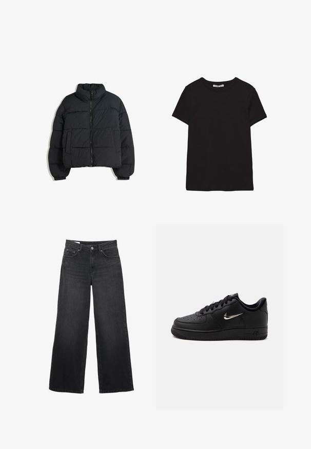 Schwarze Steppjacke mit hohem Kragen, gepolstertem Design, Reißverschluss vorne und zwei seitlichen Taschen. Verfügt über elastische Bündchen und ein leichtes Material.; Schwarzes, kurzärmliges Baumwoll-T-Shirt mit rundem Halsausschnitt, Standardpassform und sichtbarem innerem Nackenetikett.; Schwarze Jeans mit weitem Bein und hoher Taille, vorne mit Knopf- und Reißverschluss, Gürtelschlaufen und Fünf-Taschen-Design.; Schwarzer flacher Nike Air Sneaker mit schwarzen Schnürsenkeln, perforierter Zehenpartie und silbernem Nike-Swoosh an der Seite vor weißem Hintergrund.