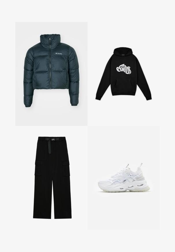 Veste matelassée courte, de couleur vert foncé, avec un col montant, une fermeture éclair complète et des poignets élastiques. Présente un logo sur la poitrine gauche et une texture matelassée.; Pegador PALUMA OVERSIZED HOODIE - Sweatshirt - black; Pantalons cargo noirs avec une coupe large, taille élastique avec une ceinture, et deux grandes poches latérales pour le rangement.; Baskets blanches avec une semelle épaisse, un dessus en mesh superposé et synthétique, présentant des accents à motifs, un système de laçage et une languette.