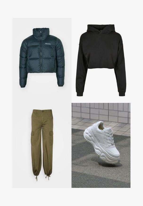Veste matelassée courte, de couleur vert foncé, avec un col montant, une fermeture éclair complète et des poignets élastiques. Présente un logo sur la poitrine gauche et une texture matelassée.; Haut cropped noir en tissu doux, doté d'une capuche avec cordon de serrage, de manches longues et de poignets côtelés, avec un design épuré et simple.; Pantalons cargo en vert olive, fabriqués en tissu coton. Les caractéristiques comprennent des poignets élastiques, deux poches latérales et deux poches cargo sur les cuisses.; Baskets blanches en cuir avec une semelle épaisse, des détails texturés et un système de laçage. Présente des accents moulés et une finition lisse.