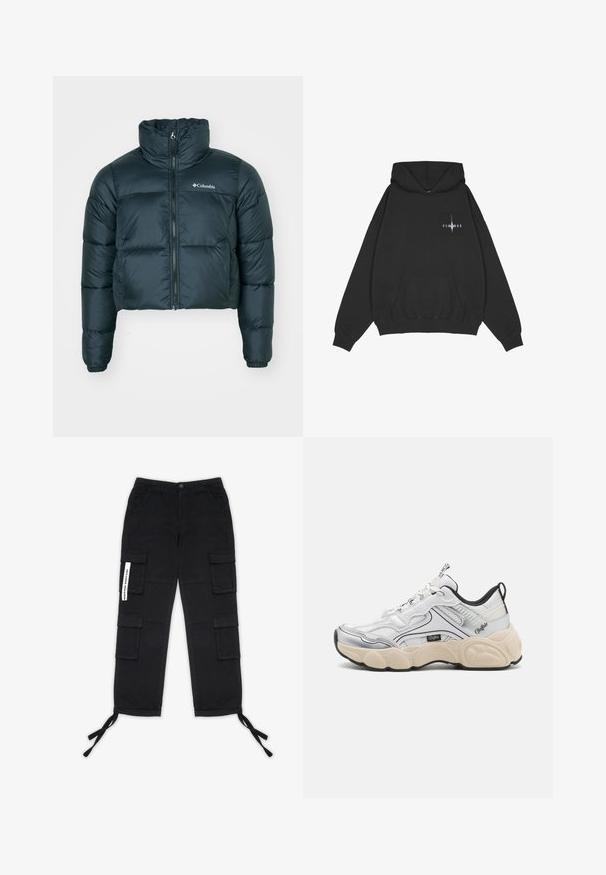Veste matelassée courte, de couleur vert foncé, avec un col montant, une fermeture éclair complète et des poignets élastiques. Présente un logo sur la poitrine gauche et une texture matelassée.; Pegador Sweat à capuche - washed black; Pegador TANAMI WIDE PANTS - Pantalon cargo - black; Baskets blanches avec des panneaux en maille et en synthétique, accents argentés, semelle crémeuse épaisse et détails noirs contrastants. Possède un système de laçage.