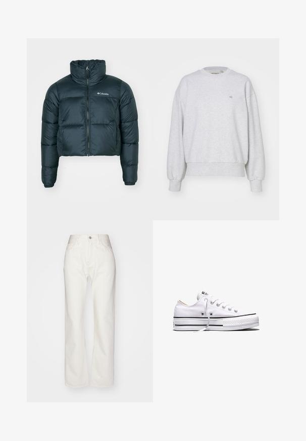 Veste matelassée courte, de couleur vert foncé, avec un col montant, une fermeture éclair complète et des poignets élastiques. Présente un logo sur la poitrine gauche et une texture matelassée.; Carhartt WIP CASEY - Sweatshirt - ash heather/silver; Pantalons en denim blanc avec une taille haute et une coupe évasée. Comprend une fermeture à bouton et à fermeture éclair, des passants de ceinture et des détails de couture subtils.; Baskets basses en toile blanche avec lacets blancs, bandes noires sur la semelle et embout en caoutchouc texturé, vue de côté sur fond blanc.