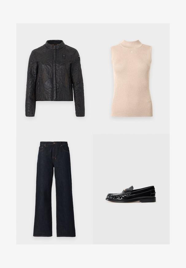 Veste matelassée noire avec coutures florales, col montant, manches longues et fermeture éclair avant.; Haut sans manches à col montant en maille côtelée beige doux. Présente un léger éclat, une forme ajustée et un petit logo au niveau de l'encolure.; Jeans larges bleu foncé en denim, avec des coutures orange, deux poches avant et une fermeture à bouton à la taille.; Mocassins en cuir noir avec un bout arrondi, des coutures décoratives et un petit accent doré sur le dessus. Semelle en caoutchouc plate, design épuré.
