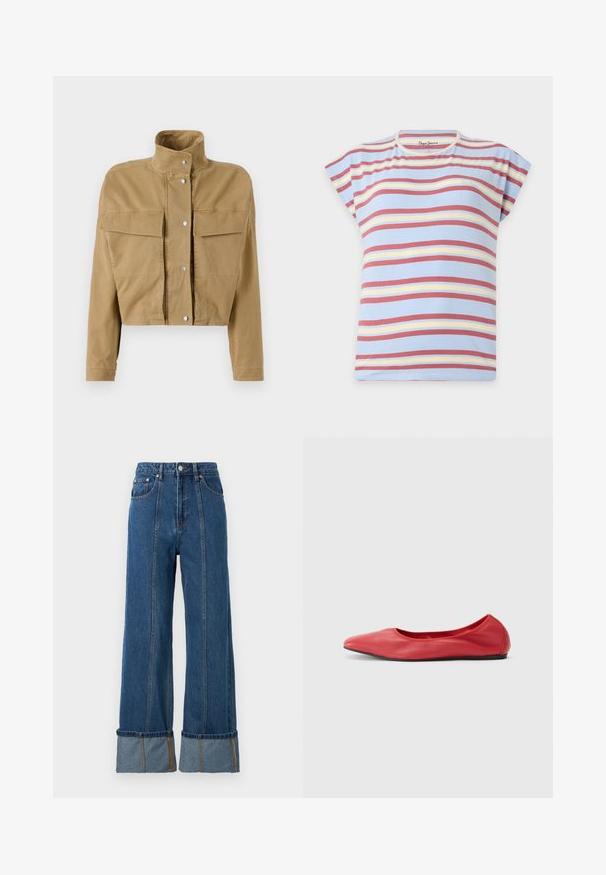 CLOSED SIGNATURE JACKET - Denimová bunda - urban beige; Svetlomodré tričko s krátkym rukávom s vodorovnými pruhmi v červenej, žltej a bielej farbe a okrúhlym výstrihom.; Modré rifle s vysokým pásom a širokými nohavicami, s kontrastnými manžetami z denimu, viditeľným prešívaním a prednými vreckami.; Filippa K REY FLATS - Balerínky - bright red