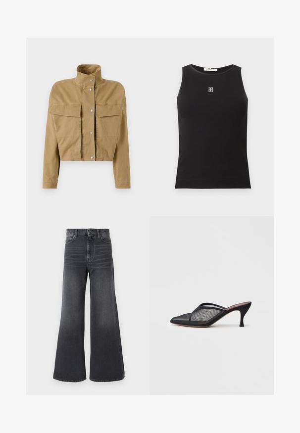 CLOSED SIGNATURE JACKET - Τζιν μπουφάν - urban beige; Μαύρο αμάνικο ριμπ τοπ με στρογγυλή λαιμόκοψη και μικρό λευκό κεντημένο λογότυπο στο κέντρο του στήθους.; Τζιν παντελόνια σε σκούρο γκρι χρώμα με φαρδιά μπατζάκια, μέση μεσαίου ύψους, σχέδιο με πέντε τσέπες και ξεθωριασμένη υφή με διακριτικές λεπτομέρειες whiskering.; Μαύρο διχτυωτό μανικακι με αιχμηρή μύτη, λεπτές λωρίδες και τακούνι στιλέτο 3 ιντσών. Διαθέτει διάφανη υφή και σταθερή τονική σόλα.