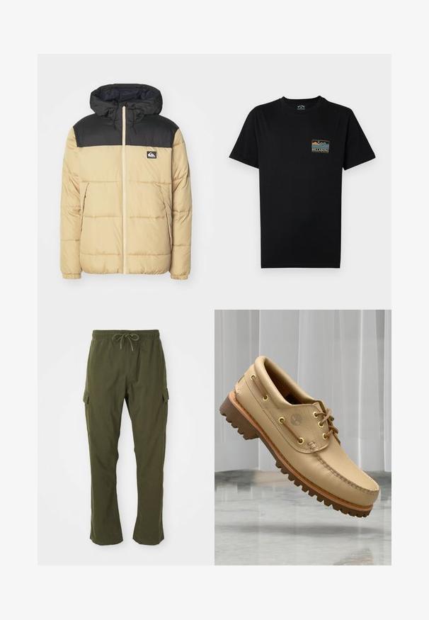 Veste rembourrée avec un corps beige et des épaules noires. Comprend une capuche, une fermeture éclair à l'avant et des poches latérales. Texture douce et motif cousu.; T-shirt noir à manches courtes avec un petit graphique multicolore de montagne et d'océan, ainsi que le texte « BILLABONG Adventure division » sur le côté gauche de la poitrine.; Pantalons cargo vert olive avec une taille élastique, un cordon de serrage et des poches latérales. Le tissu semble doux avec une texture lisse.; Chaussure bateau en cuir marron clair avec semelle épaisse et striée et détails de lacets, flottant au-dessus d'un sol en marbre et d'un fond de stores verticaux blancs.