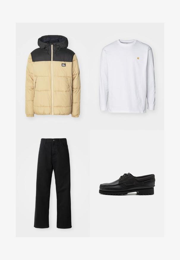 Veste rembourrée avec un corps beige et des épaules noires. Comprend une capuche, une fermeture éclair à l'avant et des poches latérales. Texture douce et motif cousu.; T-shirt à manches longues blanc en coton. Présente un petit logo doré sur la poitrine et un col rond. Design simple et coupe standard.; Pantalons en denim noir à coupe droite, avec poches avant, fermeture éclair et un seul bouton supérieur. Tissu texturé avec une finition mate.; Chaussure noire avec un dessus en cuir, des accents textiles, des lacets ronds et une semelle en caoutchouc texturé. Présente des coutures mocassins et des détails de marque.