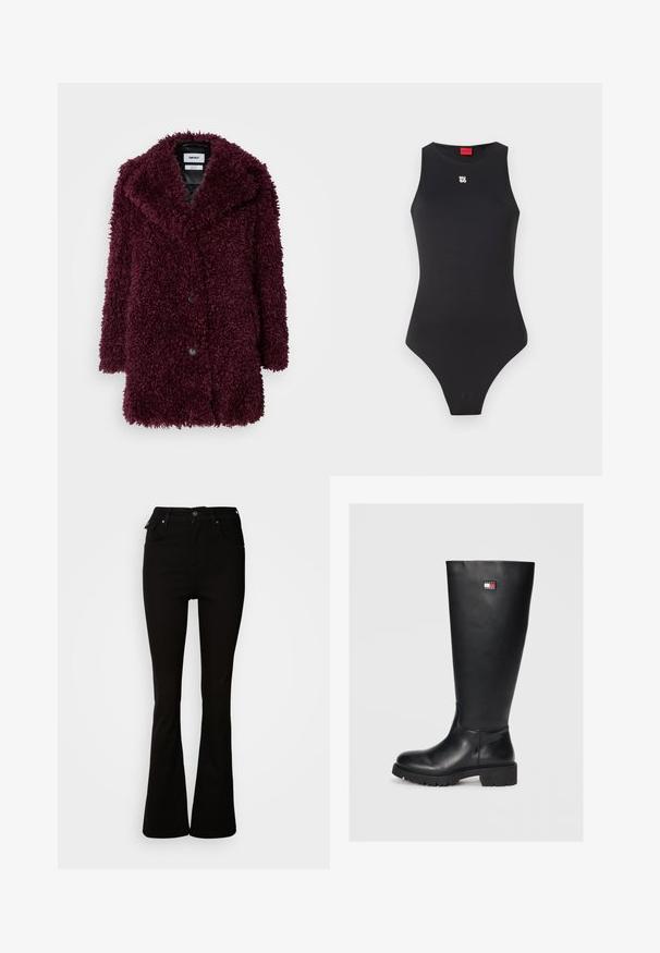 Manteau en fausse fourrure bordeaux avec une texture douce, fermeture à six boutons sur le devant, large col et deux poches avant.; Body noir avec un design sans manches, fabriqué en matériau lisse. Présente un petit logo blanc sur la poitrine et une ouverture de jambe haute.; Jean noir évasé en denim, avec une taille haute, des poches avant, et un design classique à cinq poches avec des accents en métal.; Bottes noires montantes en cuir lisse avec une semelle en caoutchouc texturée, dotées d'une petite étiquette logo en rouge, blanc et bleu.