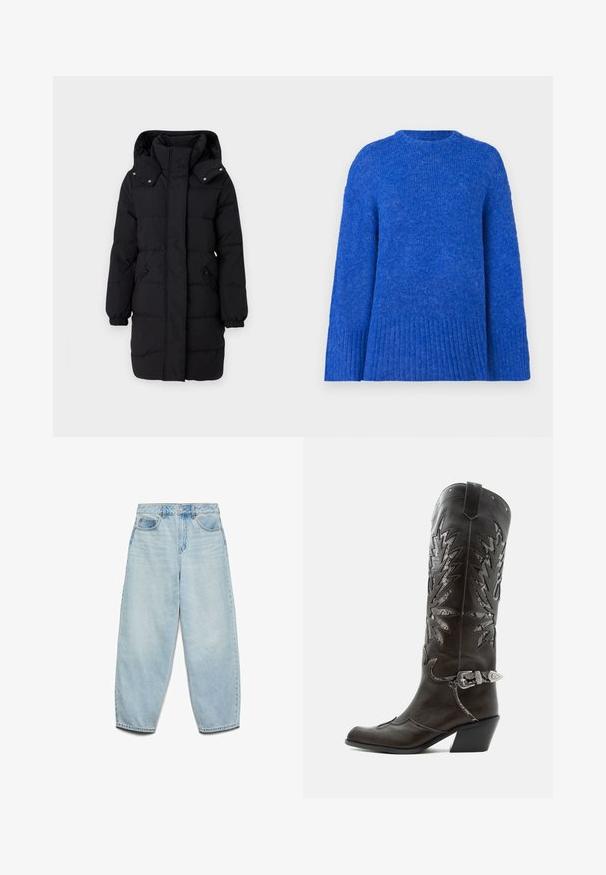 JDY Puffer JDYAJA Puffer - Abrigo de invierno - black; Suéter azul de punto con cuello redondo, mangas anchas y dobladillo acanalado. Textura suave con un ajuste ligeramente holgado.; Vaqueros de mezclilla azul claro con un corte relajado, cintura alta y piernas anchas, con una textura ligeramente desgastada y un clásico diseño de cinco bolsillos.; Bota cowboy de cuero negro con recortes decorativos, hebilla plateada y tacón inclinado, presentada sobre fondo blanco.