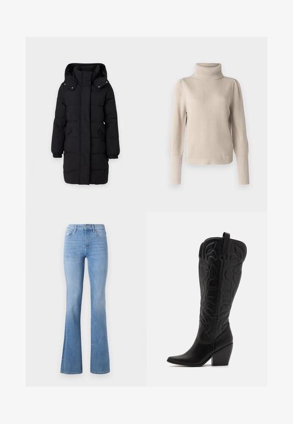 JDY Puffer JDYAJA Puffer - Wintermantel - black; VILA Knitted Turtleneck - Trui - feather gray; Lichtblauwe flare jeans met een halfhoge taille, klassieke vijf-pocket stijl en subtiele vervaging langs de benen. Denim stofstructuur.; Zwarte leren kniehoge laarzen met puntige neus en gestapelde hak. Voorzien van decoratief stiksel en gebogen designelementen.