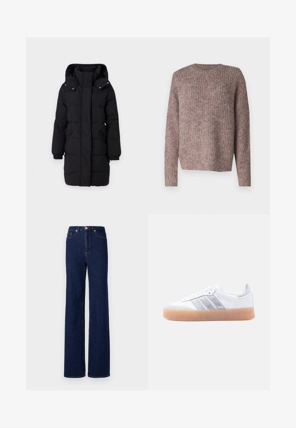 JDY Puffer JDYAJA Puffer - Wintermantel - black; Bruine, ribgebreide trui met lange mouwen en een ronde hals. Relaxte pasvorm en zachte textuur, geschikt voor casual draagstijl.; Donkerblauwe denim jeans met een hoge taille, wijde pijpen en een klassieke vijf-pocket stijl. Afgewerkt met contrasterende stiksels en een metalen knoop.; Witte lage sneaker met gumzool, zilverkleurige gestreepte zijkanten en veterluiting, afgebeeld tegen een effen lichte achtergrond.