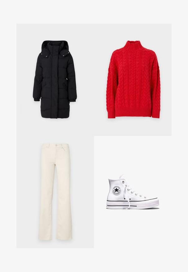 JDY Puffer JDYAJA Puffer - Wintermantel - black; Vero Moda VMMIRAND LONG VIP - Strickpullover - salsa; Beige Schlaghosen aus Baumwollmischung, mit klassischen Taschen, einem vorderen Knopfverschluss und Nahtdetails entlang der Nähte.; Weißer Converse Chuck Taylor All Star High-Top-Sneaker mit schwarzen Streifen und Logo-Patch an der Seite, präsentiert vor einem schlichten weißen Hintergrund.