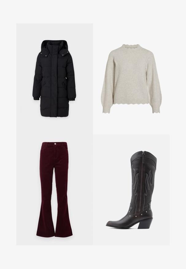 JDY Puffer JDYAJA Puffer - Wintermantel - black; Lichtbeige trui met een geribbelde, geschulpte halslijn en zoom. Beschikt over lange, ballonvormige mouwen en een zachte, textuurstof.; Bordeaux corduroy hoge taillebroek met een knoop- en ritssluiting, voorzakken en uitlopende benen.; Bruine leren cowboylaarzen met vlamstiksels, zijrits, zilveren studs, spits toelopende neus en gestapelde hak.