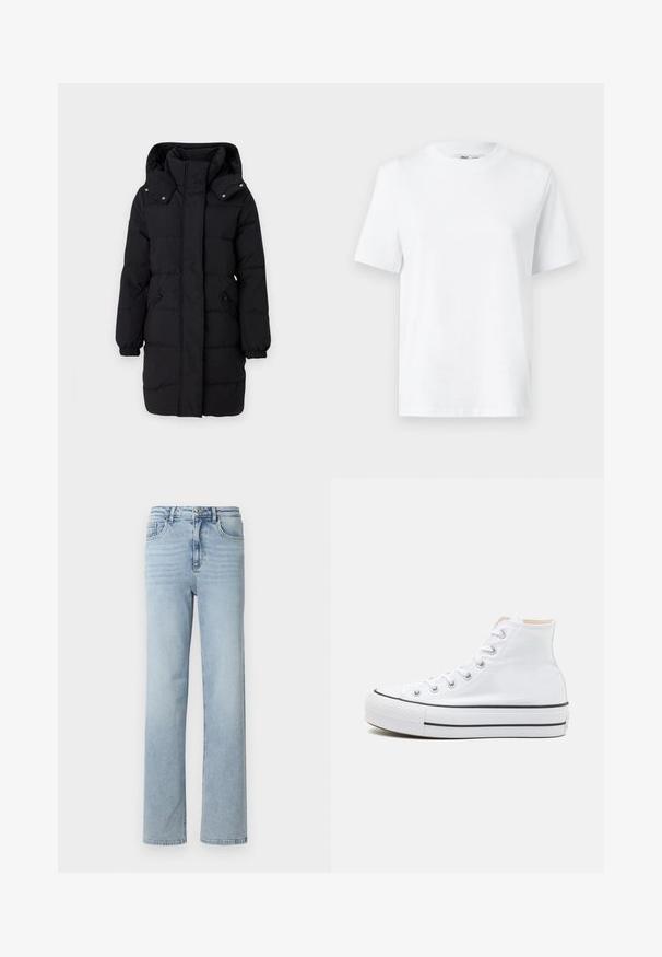 JDY Puffer JDYAJA Puffer - Wintermantel - black; Witte katoenen T-shirt met ronde hals, korte mouwen en een gladde textuur. Ontworpen met een comfortabele en veelzijdige relaxte pasvorm.; Lichtblauwe denim jeans met een rechte pasvorm, een klassiek vijf-pocket ontwerp en een knoop- en ritssluiting bij de taille.; Witte hoge sneakers van canvasmateriaal, zwarte rubberen zool en contrasterende zwarte streep op de tussenzool. Circulaire neus en vetersluiting.