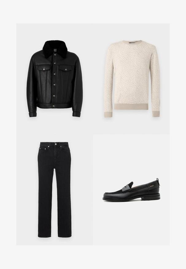 Veste en cuir noir avec un col en fourrure noire, boutons-pression sur le devant et deux poches sur la poitrine. Présente des détails de couture verticaux.; Pull beige avec un tricot texturé, arborant un motif "Los Angeles" sur l'ensemble. Poignets et ourlet côtelés. Encolure ronde.; Jean noir taille haute à jambes droites avec poches avant et arrière, fermeture à bouton argenté et passants pour ceinture sur fond blanc.; Mocassin en cuir noir avec détail de bride grise, talon bas et semelle texturée, marqué "HUGO" en or sur le côté.