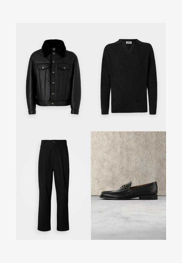 Veste en cuir noir avec un col en fourrure noire, boutons-pression sur le devant et deux poches sur la poitrine. Présente des détails de couture verticaux.; Pull en tricot noir côtelé avec un col en V et un col court, featuring des manches longues et un design discret avec une seule poche sur la poitrine.; Pantalons noirs à jambes droites avec une taille à bouton, passants de ceinture et pli avant, présentés sur un fond blanc uni.; Mocassin en cuir noir avec mors en métal doré et logo "HUGO", présenté sur un tapis beige et un meuble translucide marron.