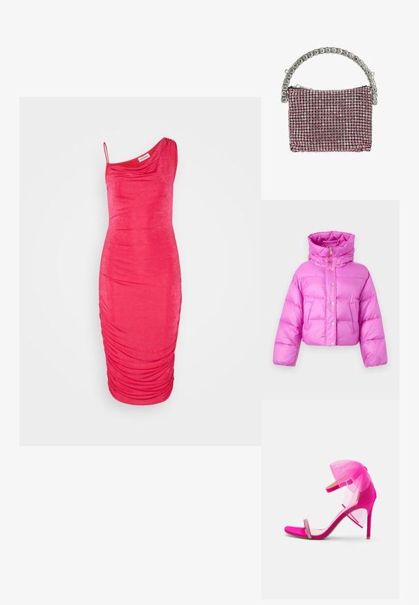 Afskåret lyserød pufferjakke med høj krave, fortil trykknapper og en blank finish; har to sidelommer og en hætte.; Even&Odd by Zalando Jerseykjole - pink; Varme pink høje hæle sandaler med mesh tulle accent, åben tå, tynd ankelrem og udsmykkede rhinestone detaljer foran.; Lille håndtaske besat med lyserøde rhinsten og et buet håndtag lavet af store klare perler.