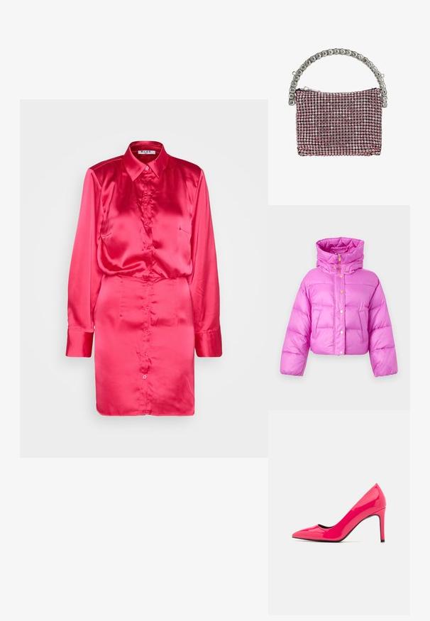 Afskåret lyserød pufferjakke med høj krave, fortil trykknapper og en blank finish; har to sidelommer og en hætte.; NA-KD SHIRT MINI DRESS - Skjortekjole - pink; Lyst rød patentlæder højhælet pumpe med spids tå og slank silhuet, der har en tynd stilethæl og sort inderside.; Lille håndtaske besat med lyserøde rhinsten og et buet håndtag lavet af store klare perler.