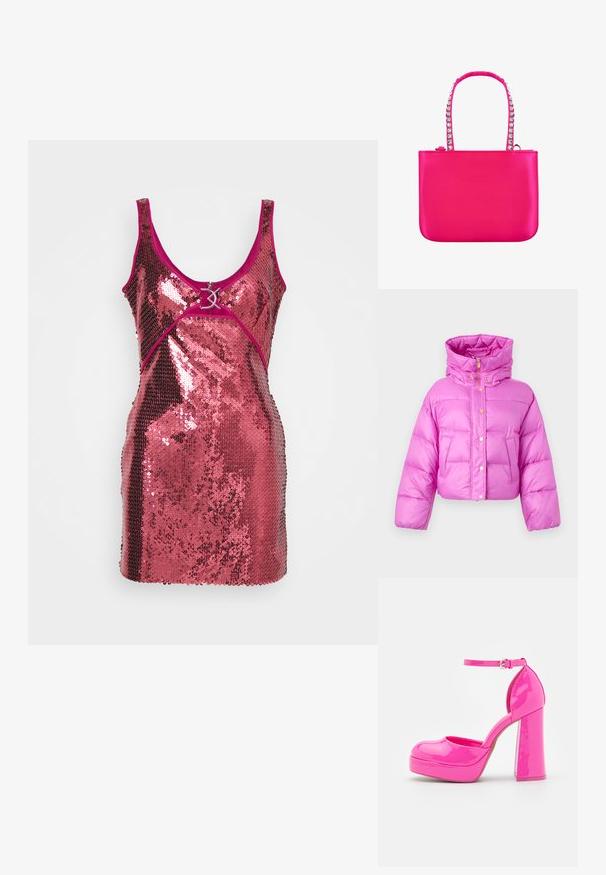 Afskåret lyserød pufferjakke med høj krave, fortil trykknapper og en blank finish; har to sidelommer og en hætte.; Pailletkjole i skinnende pink med en tætsiddende design. Har en dyb udskæring, brede stropper og en dekorativ hardwaredetalje foran.; Call it Spring ANABELLE - Plateaupumps - dark pink; Lyserød satin håndtaske med en struktureret form, der har en flad bund, et topgreb udsmykket med sølvnitter og en lynlås lukning.