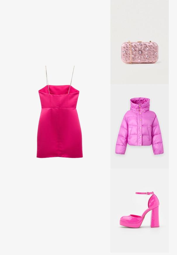 Afskåret lyserød pufferjakke med høj krave, fortil trykknapper og en blank finish; har to sidelommer og en hætte.; Koton MINI - Cocktailkjole / festkjole - pink; Call it Spring ANABELLE - Plateaupumps - dark pink; Lyserød satin clutch med juvelbesætninger, rektangulær form, guld kæde og lås, prydet med et blomstermotiv i rhinsten.