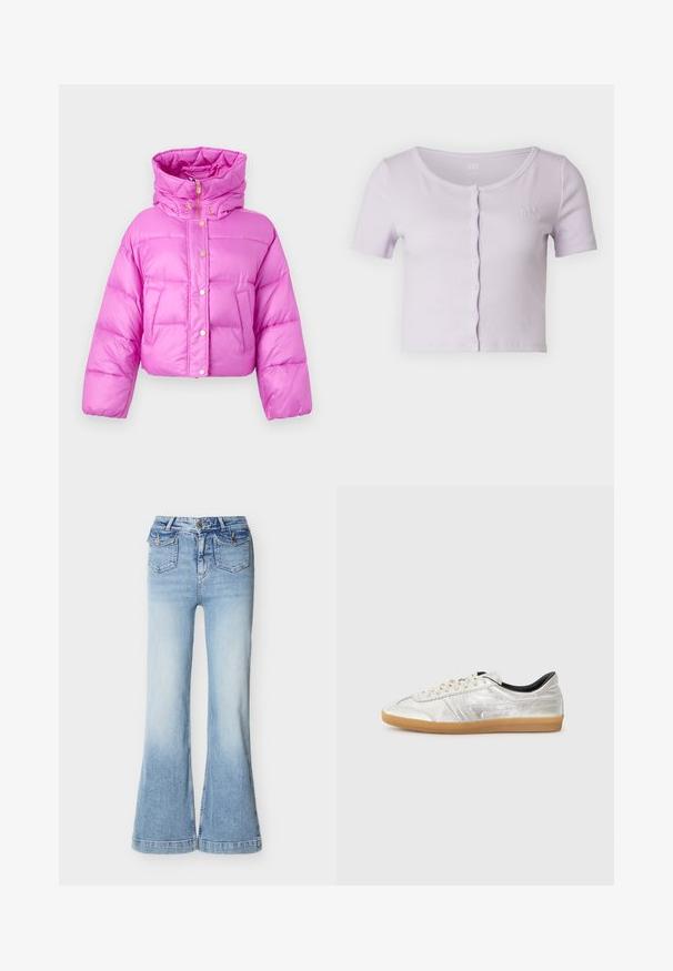 Afskåret lyserød pufferjakke med høj krave, fortil trykknapper og en blank finish; har to sidelommer og en hætte.; GAP CROPPED CREW - T-shirts print - orchid petal; Lyseblå denimjeans med høj talje og vide ben, to forlommer med klap og knappelukning samt lynlås.; Skinnende sølv sneakers med gummisål, der har snørebåndslukning og et slankt design. Vist mod en helt hvid baggrund.