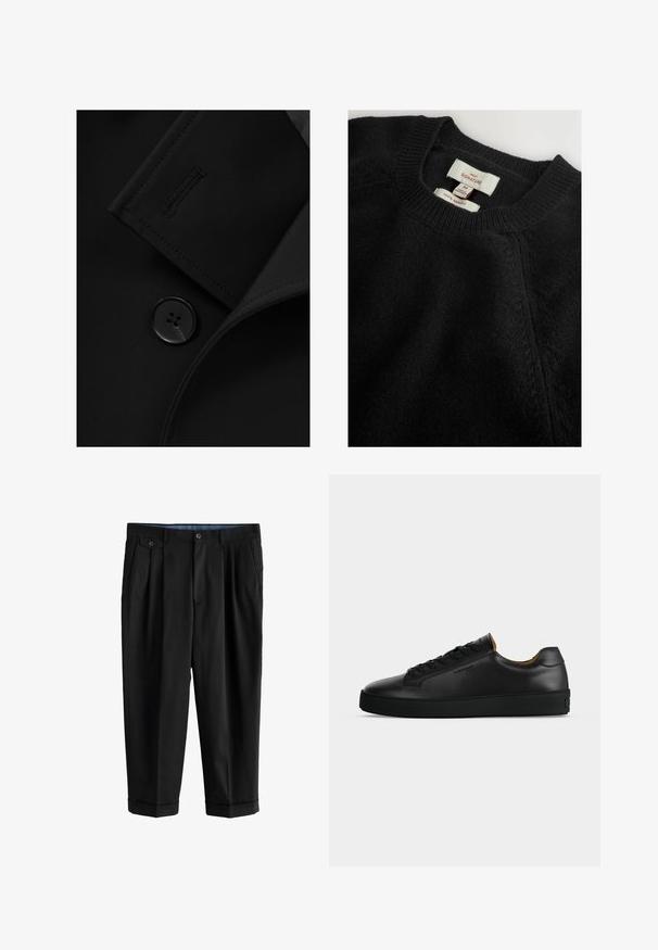Zwarte blazer met een notch-kraag, opvallende knoopsluiting en subtiele stiksels op de kraagflap. Zachte stoftextuur.; Zwart merinowollen trui met een ronde hals. Voorzien van geribbelde manchetten en onderrand, en geweven labels met informatie over maat en materiaal.; Zwarte op maat gemaakte broek met plooien, zijzakken, knoopsluiting en omslagboorden, getoond tegen een witte achtergrond.; Zwarte lage leren sneaker met zwarte veters, gestructureerde rubberen zool en klein geperst logo aan de zijkant, zijaanzicht tegen een grijze achtergrond.