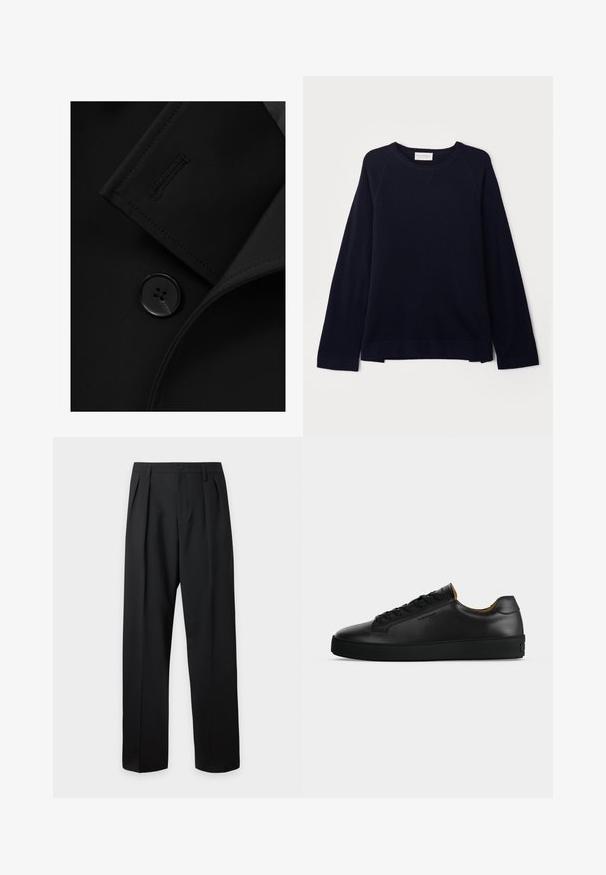Sort blazer med et notch-krave, fremtrædende knaplukning og subtile syninger på kraveflappen. Glat stoftekstur.; OFFICINE GENERALE NATE CNECK - Striktrøje - black; Sorte skræddersyede bukser med høj talje, bæltestropper, frontfolder, knaplukning og lige vide ben på en lys baggrund.; Sort lavtopet læder-sneaker med sorte snørebånd, tekstureret gummisål og lille præget logo på siden, vist i profil mod grå baggrund.