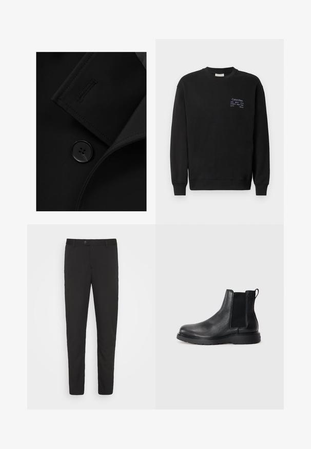 Blazer negro con solapa con muesca, cierre de botón prominente y detalle de costura sutil en la solapa. Textura de tela suave.; Sudadera de algodón negra con mangas largas, cuello redondo y puños de canalé. Presenta un bordado de la marca en azul en el pecho.; Pantalones negros, ajustados, con un diseño de pierna recta, bolsillos frontales y cierre de botón. Hechos de una tela suave con un ligero brillo.; Botas Chelsea de cuero negro con acabado texturizado, paneles laterales elásticos y una suela de goma resistente. Marca sutil en el talón.