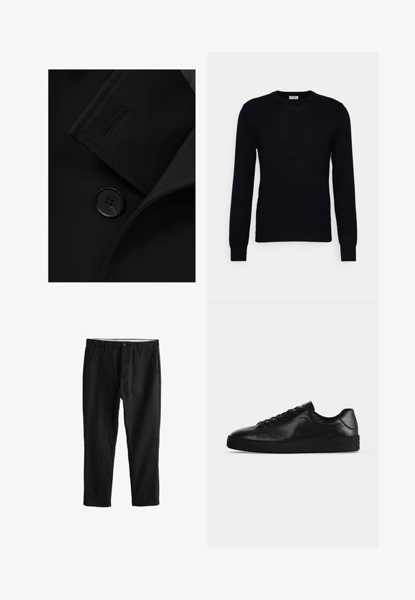 Blazer negro con solapa con muesca, cierre de botón prominente y detalle de costura sutil en la solapa. Textura de tela suave.; Suéter negro de manga larga hecho de un suave material de punto. Escote redondo, puños y dobladillo acanalados. Diseño minimalista sin patrones ni botones visibles.; Pantalones ajustados negros con trabillas para cinturón, cierre de botón, cremallera y bolsillos laterales, mostrados sobre un fondo blanco.; Zapatilla de cuero negra de perfil bajo con cordones en la parte delantera y suela plana texturizada, mostrada de lado sobre un fondo neutro.