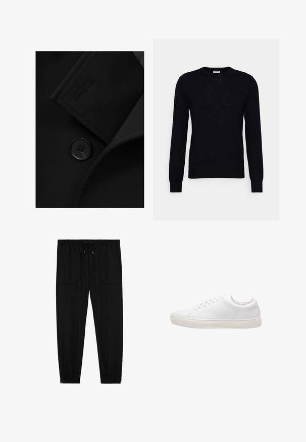 Zwarte blazer met een notch-kraag, opvallende knoopsluiting en subtiele stiksels op de kraagflap. Zachte stoftextuur.; Zwarte lange mouwen trui gemaakt van zacht gebreid materiaal. Ronde halslijn, geribbelde manchetten en zoom. Minimalistisch ontwerp zonder zichtbare patronen of knopen.; Zwarte joggingbroek met elastische tailleband, koordsluiting, voorzakken met opgestikte zakken en elastische boorden, op een witte achtergrond.; Witte leren sneaker met een gladde textuur, ronde neus, vetersluiting en een platte rubberen zool. Minimalistisch ontwerp zonder zichtbare patronen.