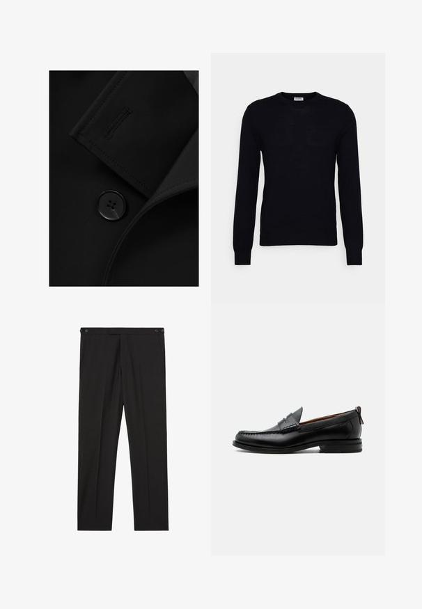 Blazer negro con solapa con muesca, cierre de botón prominente y detalle de costura sutil en la solapa. Textura de tela suave.; Suéter negro de manga larga hecho de un suave material de punto. Escote redondo, puños y dobladillo acanalados. Diseño minimalista sin patrones ni botones visibles.; Pantalones negros a medida con botones laterales en la cintura, pliegues delanteros y piernas rectas, adecuados para uso formal o de oficina.; Mocasín de hombre de piel negra con costura moc toe, tira penny, cuello texturizado y tacón bajo apilado sobre fondo blanco.